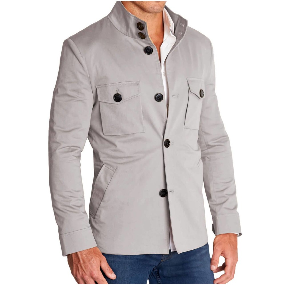 Gray Military Field Jacket with Standing Collar